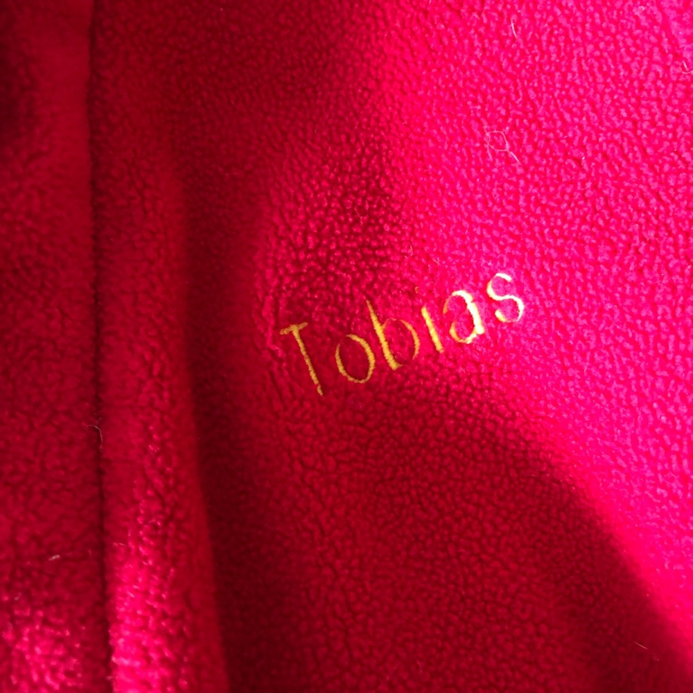 LL Bean boys fleece robe, red, size 5-6, monogrammed “Tobias” GUC